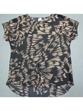 Cabi M Womens Top Black & Beige Abstract Pattern Short Sleeve Lightweight Blouse